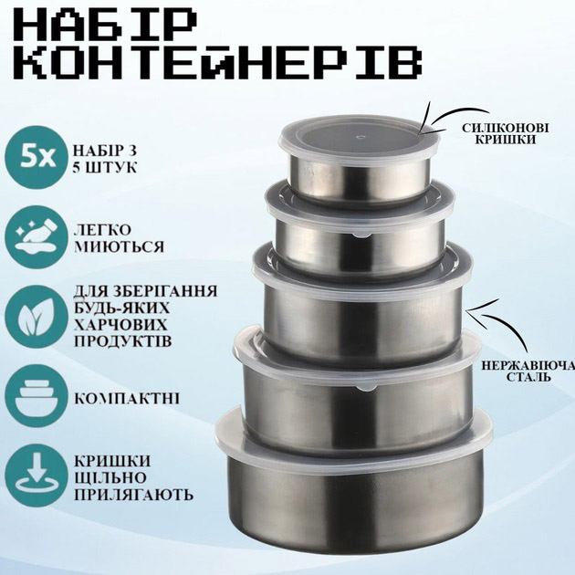 Набір харчових контейнерів Unique UN-1515 5 шт із нержавіючої сталі - Зображення 3