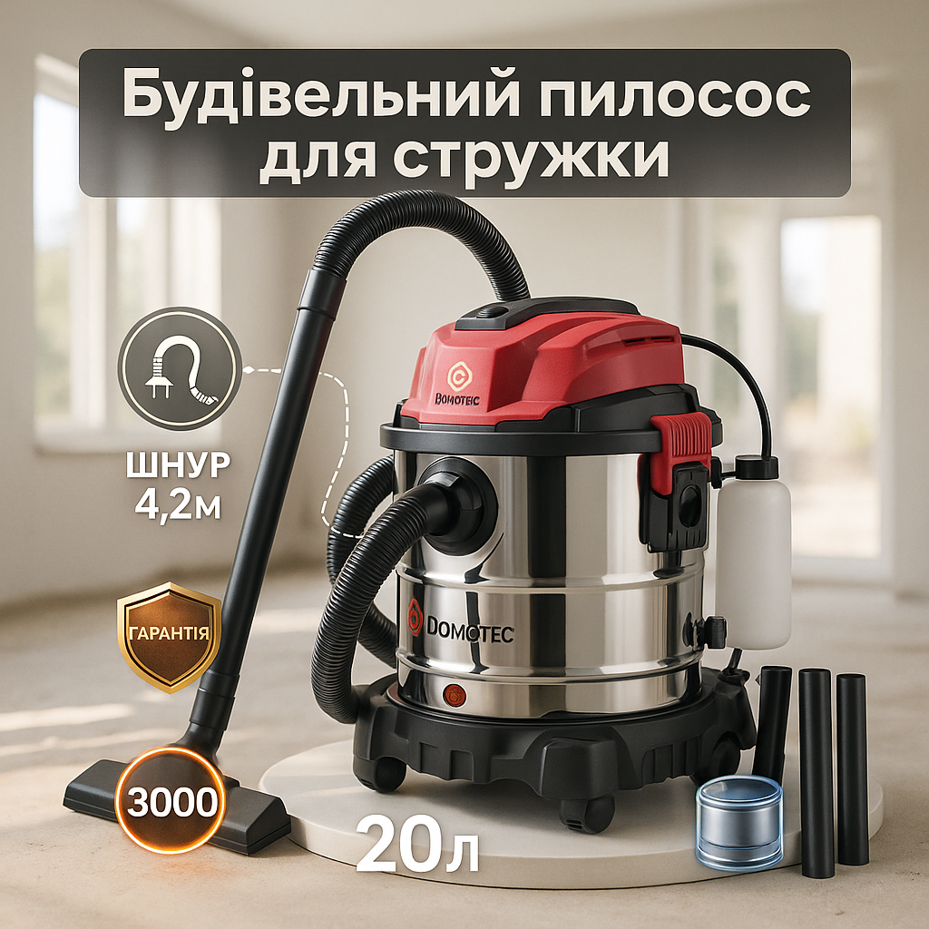 Пилосос промисловий, миючий Domotec MS-4414, будівельний 3000Вт, об'єм бака 20л - Зображення 4