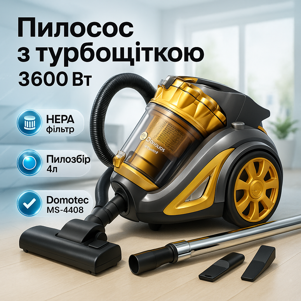 Пилосос для сухого прибирання з турбощіткою Domotec MS-4408 3600 Вт без мішка колбовий циклонний для дому контейнерний - Зображення 4
