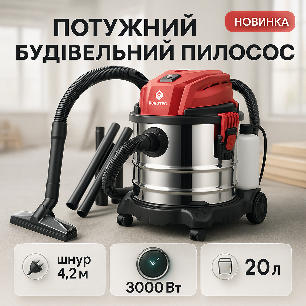Пилосос промисловий, миючий Domotec MS-4414, будівельний 3000Вт, об'єм бака 20л - Зображення 2
