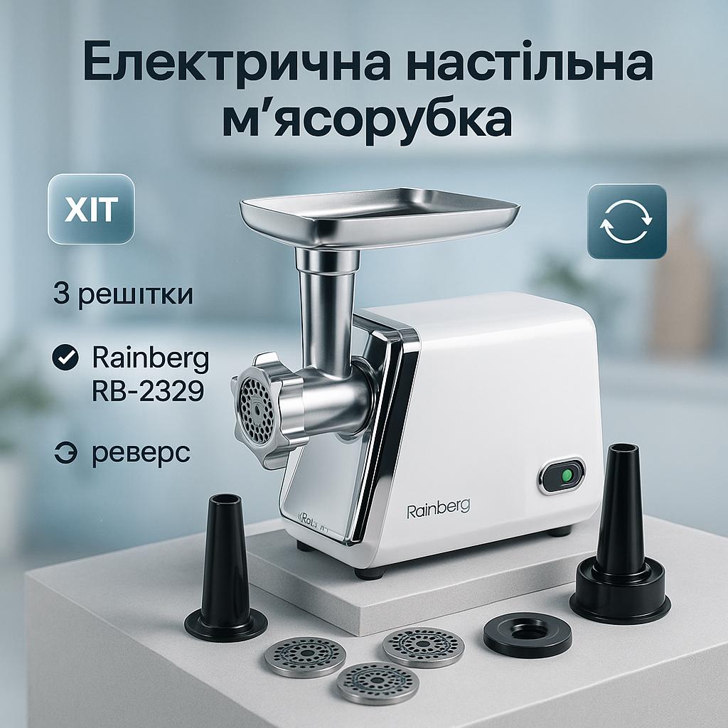 М'ясорубка електрична Rainberg RB-2329 з насадками для ковбас кеббе Електром'ясорубка з реверсом 3000Вт - Зображення 7