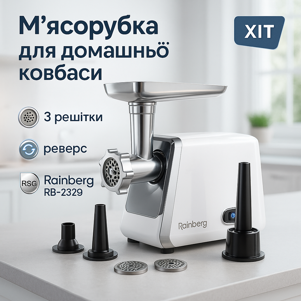 М'ясорубка електрична Rainberg RB-2329 з насадками для ковбас кеббе Електром'ясорубка з реверсом 3000Вт - Зображення 10
