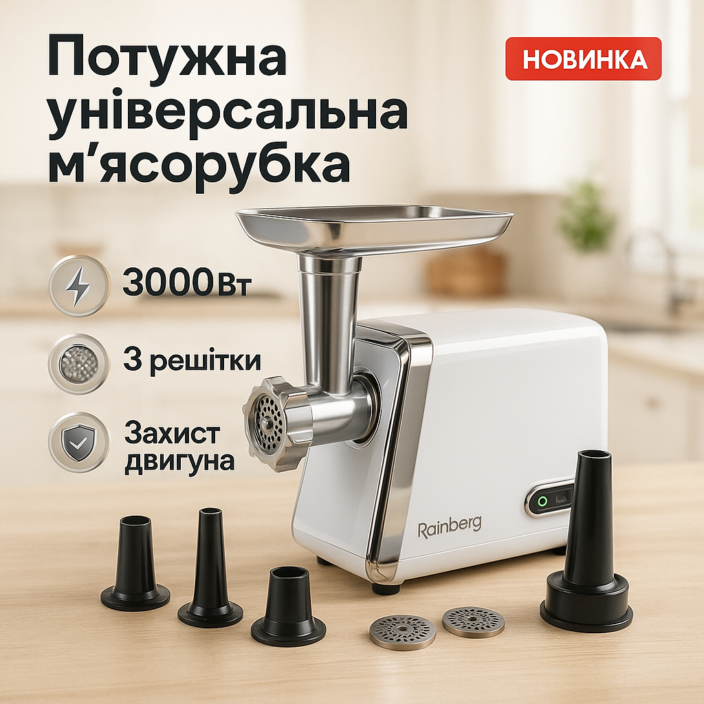 М'ясорубка електрична Rainberg RB-2329 з насадками для ковбас кеббе Електром'ясорубка з реверсом 3000Вт - Зображення 8