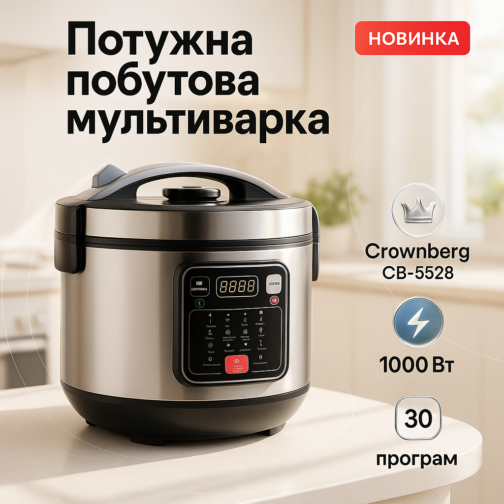 Мультиварка 30 програм Crownberg CB-5528 5л 1000Вт електронне керування з дисплеєм та функцією скороварки - Зображення 4