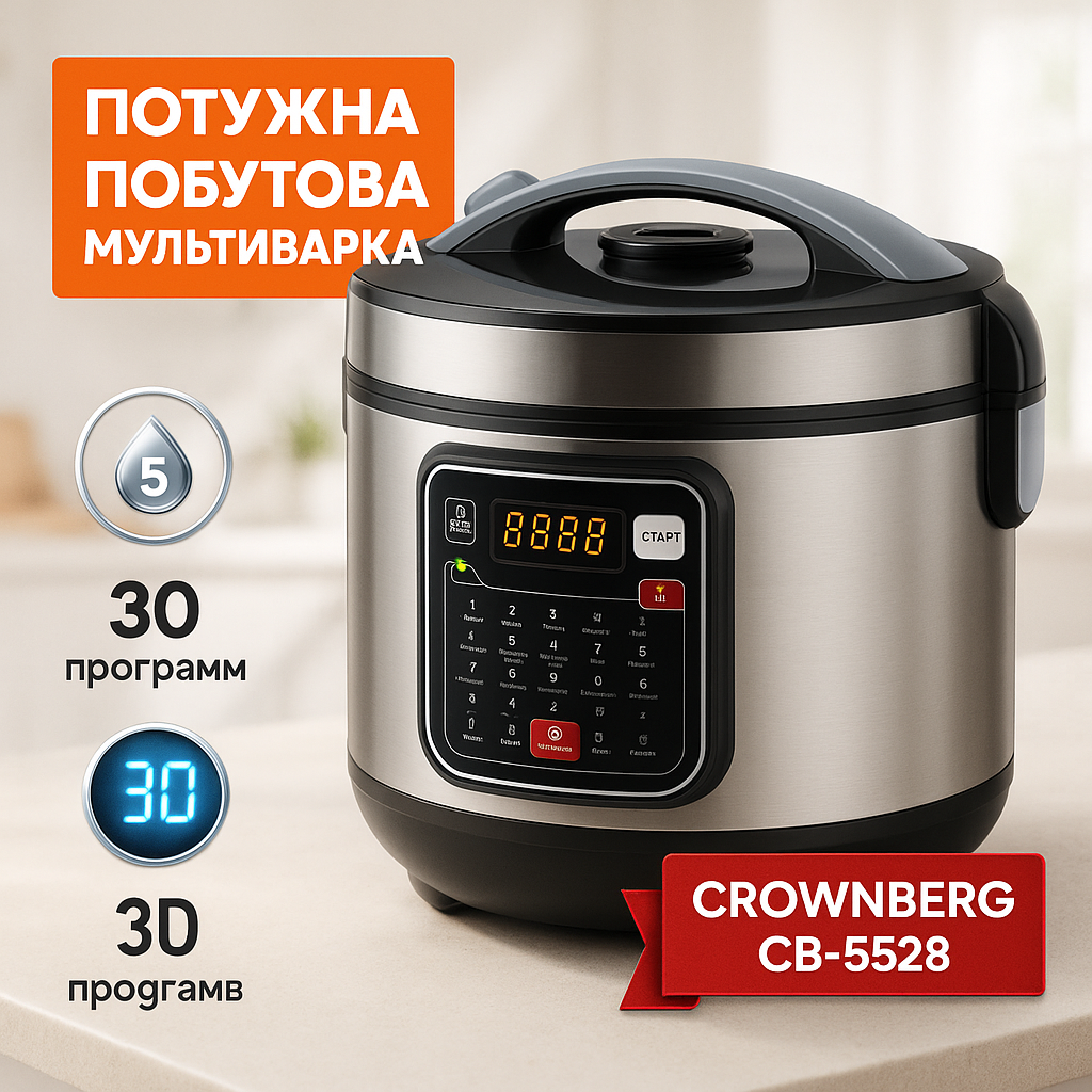 Мультиварка 30 програм Crownberg CB-5528 5л 1000Вт електронне керування з дисплеєм та функцією скороварки - Зображення 3
