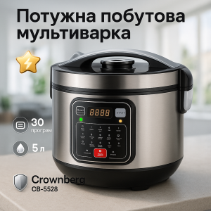 Мультиварка 30 програм Crownberg CB-5528 5л 1000Вт електронне керування з дисплеєм та функцією скороварки