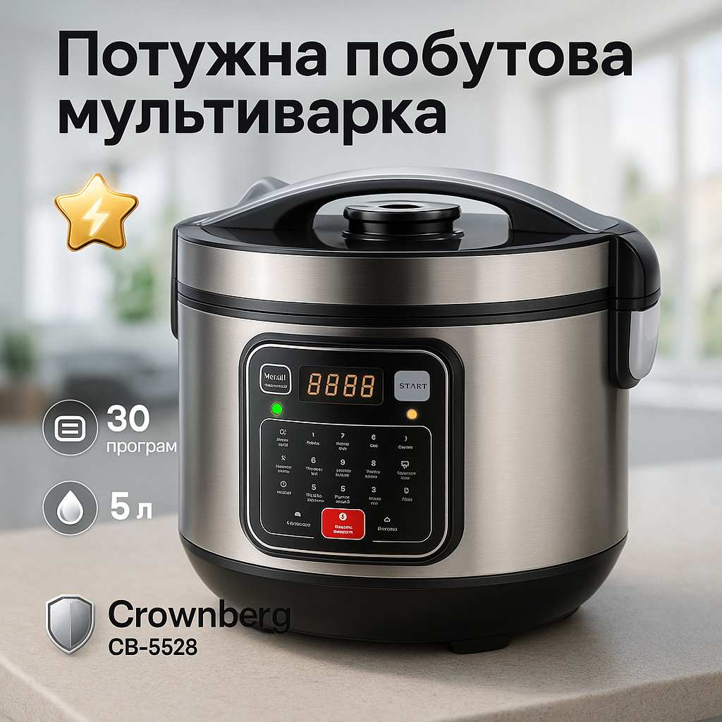 Мультиварка 30 програм Crownberg CB-5528 5л 1000Вт електронне керування з дисплеєм та функцією скороварки