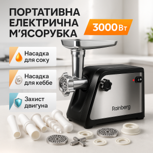 М'ясорубка Rainberg RB-672 3000W електрична з реверсом та соковижималкою, м'ясорубка електрична метал