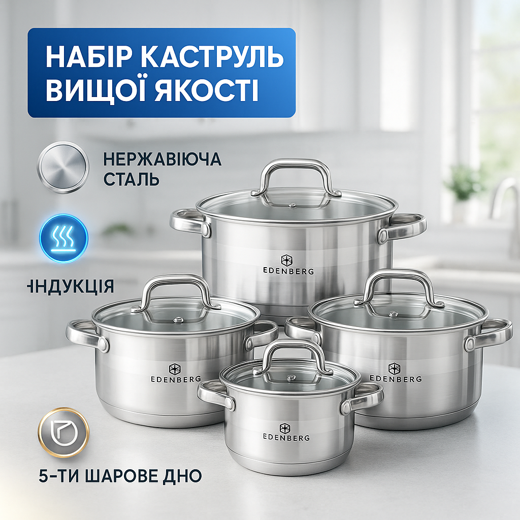 Набір посуду з нержавіючої сталі Edenberg EB-3742 зі скляними кришками 8 предметів - Зображення 3