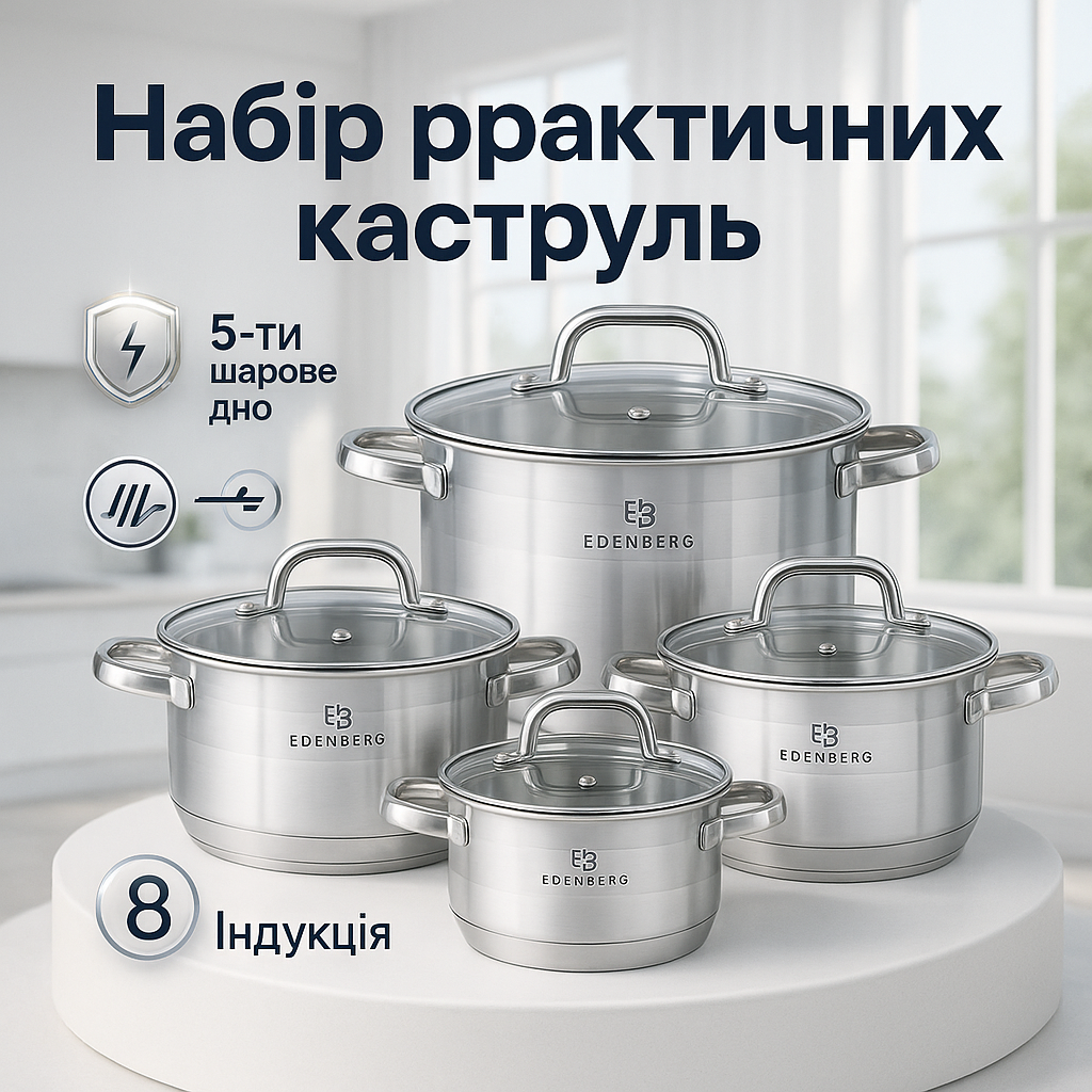 Набір посуду з нержавіючої сталі Edenberg EB-3742 зі скляними кришками 8 предметів - Зображення 5