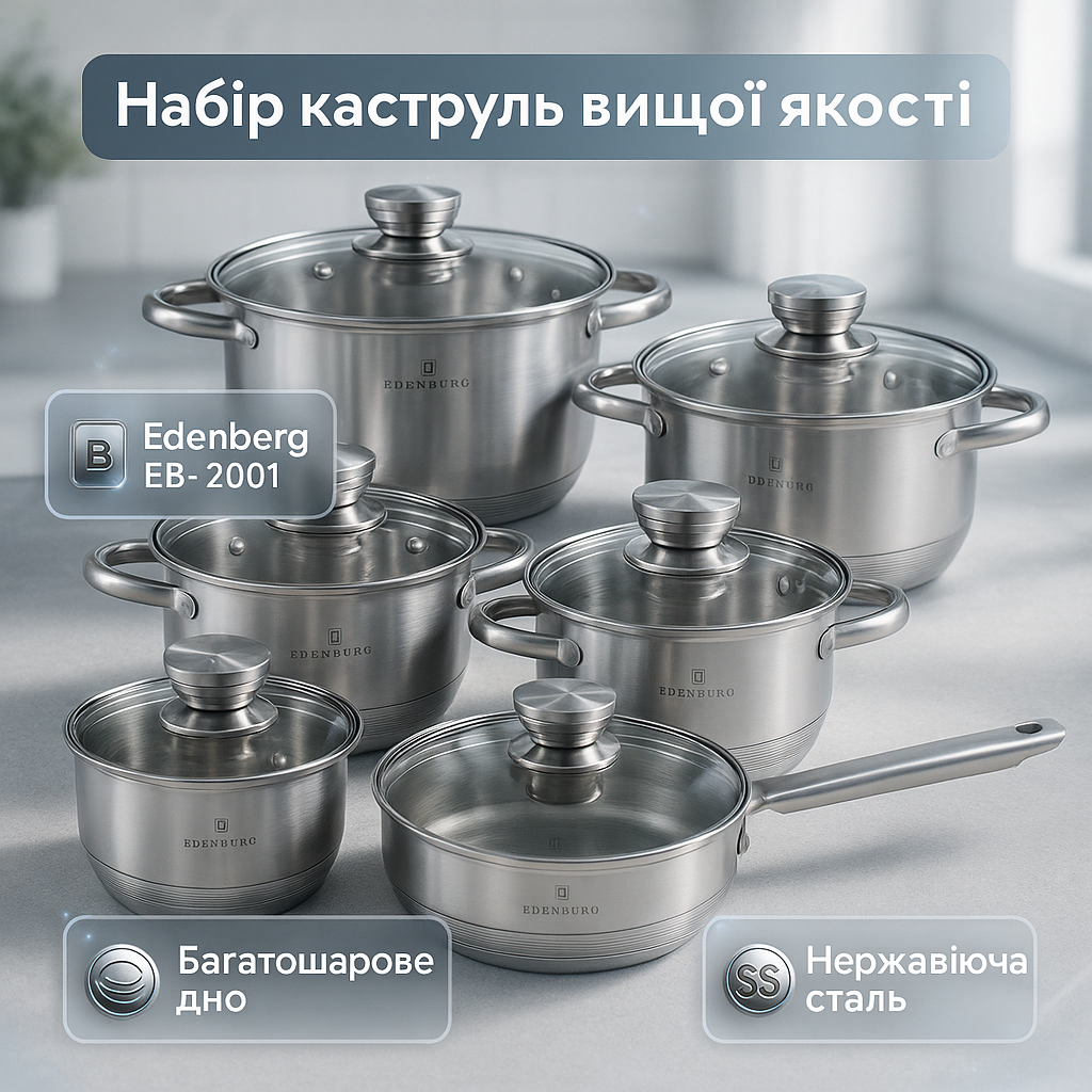 Набір посуду Edenberg EB-2001 з індукційним дном із нержавіючої сталі 12 предметів - Зображення 4