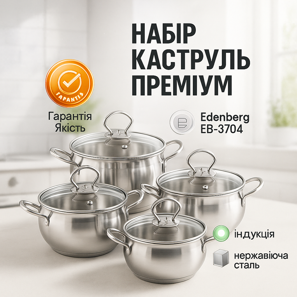 Набір посуду каструль із нержавіючої сталі Edenberg EB-3704 8 предметів з індукційним дном - Зображення 2