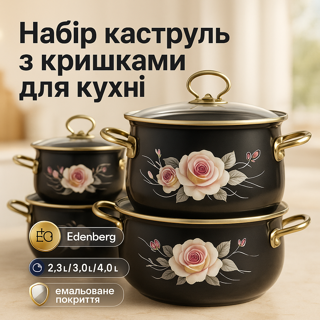 Набір емальованих каструль Edenberg 4 штуки з кришками 2.3/3/4/5 л 8 предметів - Зображення 6