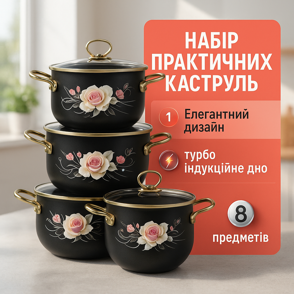 Набір емальованих каструль Edenberg 4 штуки з кришками 2.3/3/4/5 л 8 предметів - Зображення 4