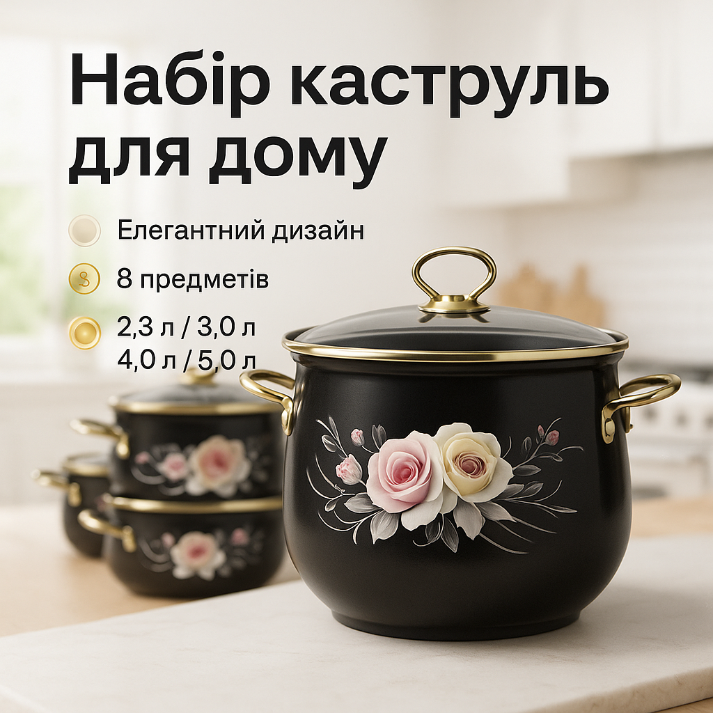 Набір емальованих каструль Edenberg 4 штуки з кришками 2.3/3/4/5 л 8 предметів - Зображення 3