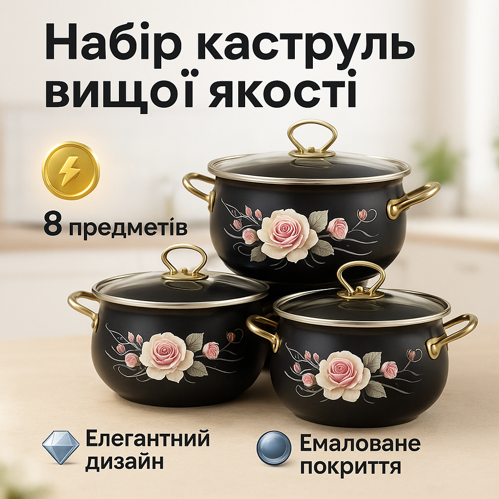 Набір емальованих каструль Edenberg 4 штуки з кришками 2.3/3/4/5 л 8 предметів - Зображення 2