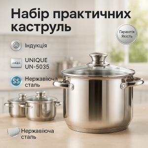 Набір каструль UNIQUE UN-5035 з нержавіючої сталі з товстим дном в 5 шарів з кришками, 12 предметів
