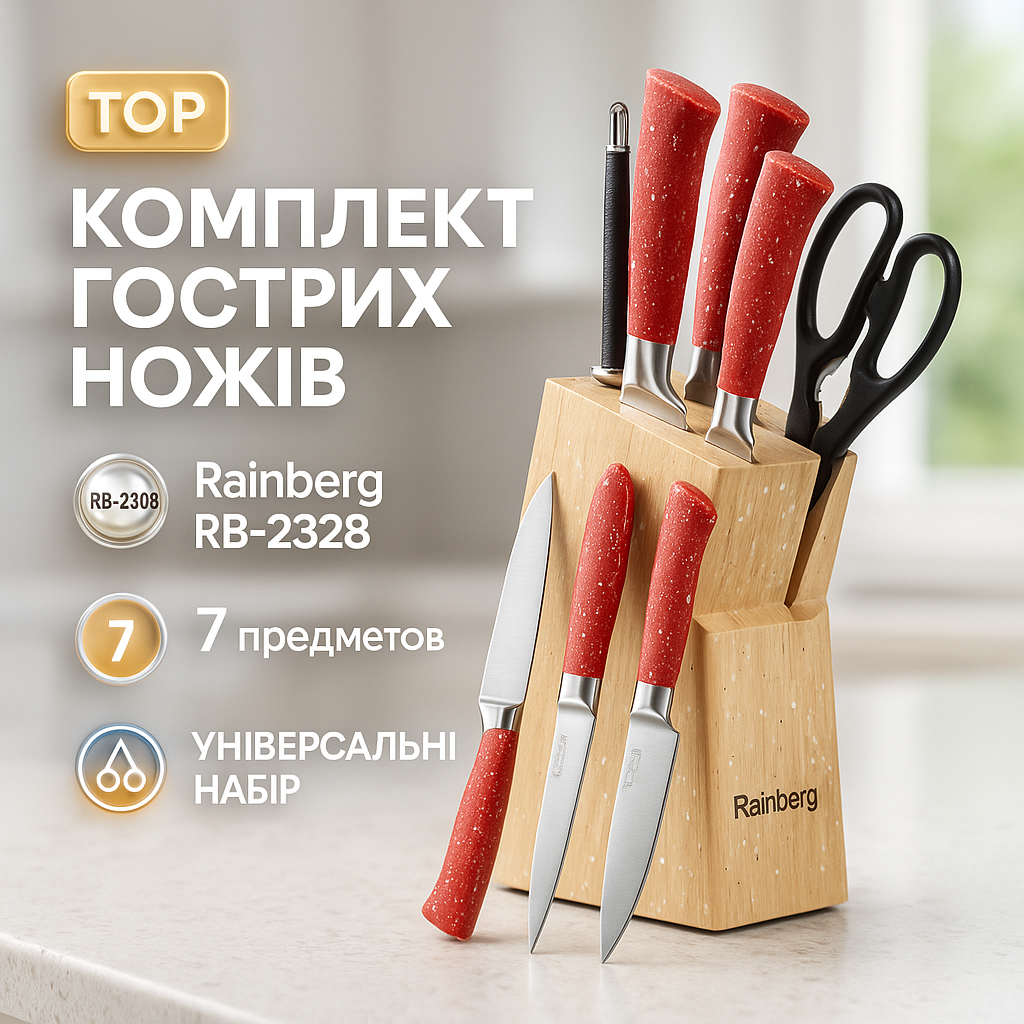 Набір ножів з нержавіючої сталі з основою Rainberg RB-2328 Red