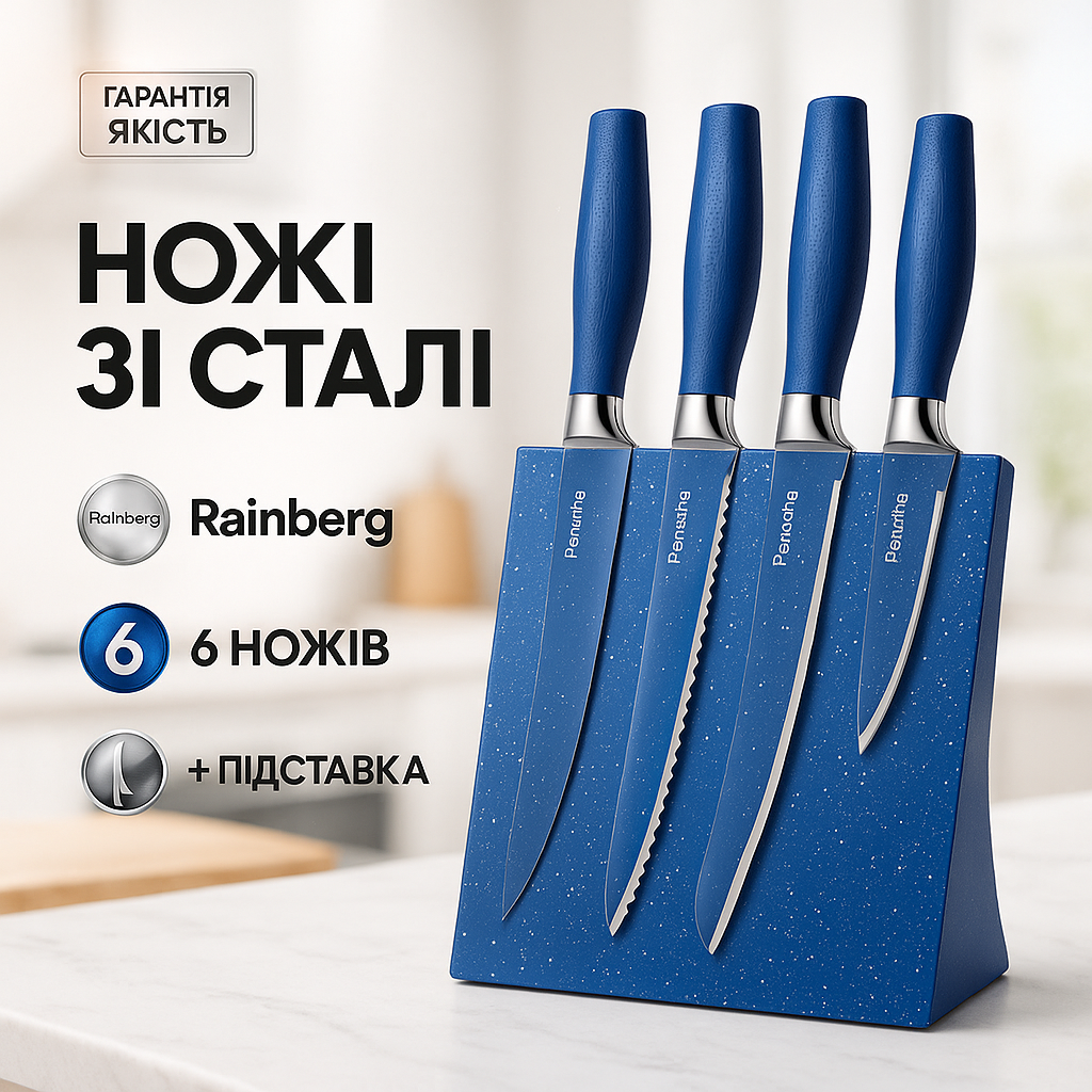 Набір ножів Rainberg RB-2322 з нержавіючої сталі з магнітною основою Blue - Зображення 3