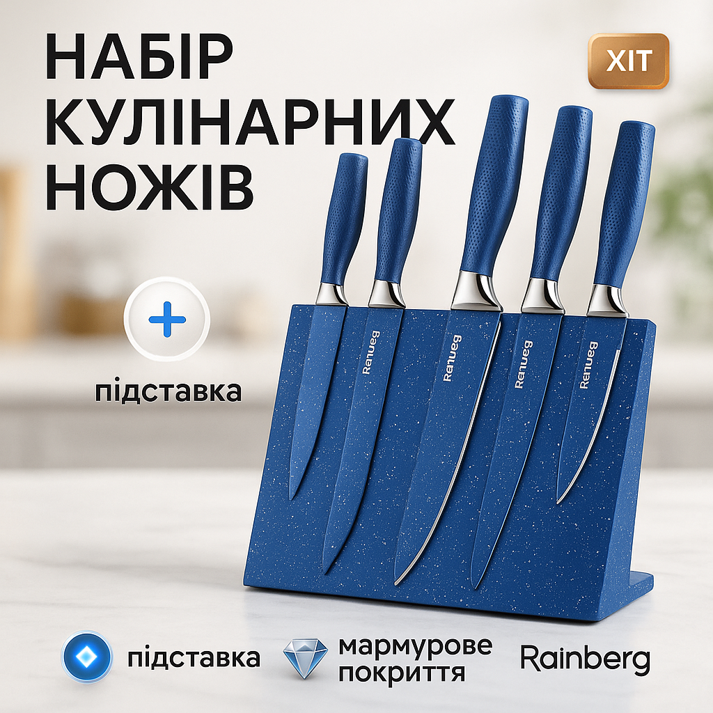 Набір ножів Rainberg RB-2322 з нержавіючої сталі з магнітною основою Blue - Зображення 2