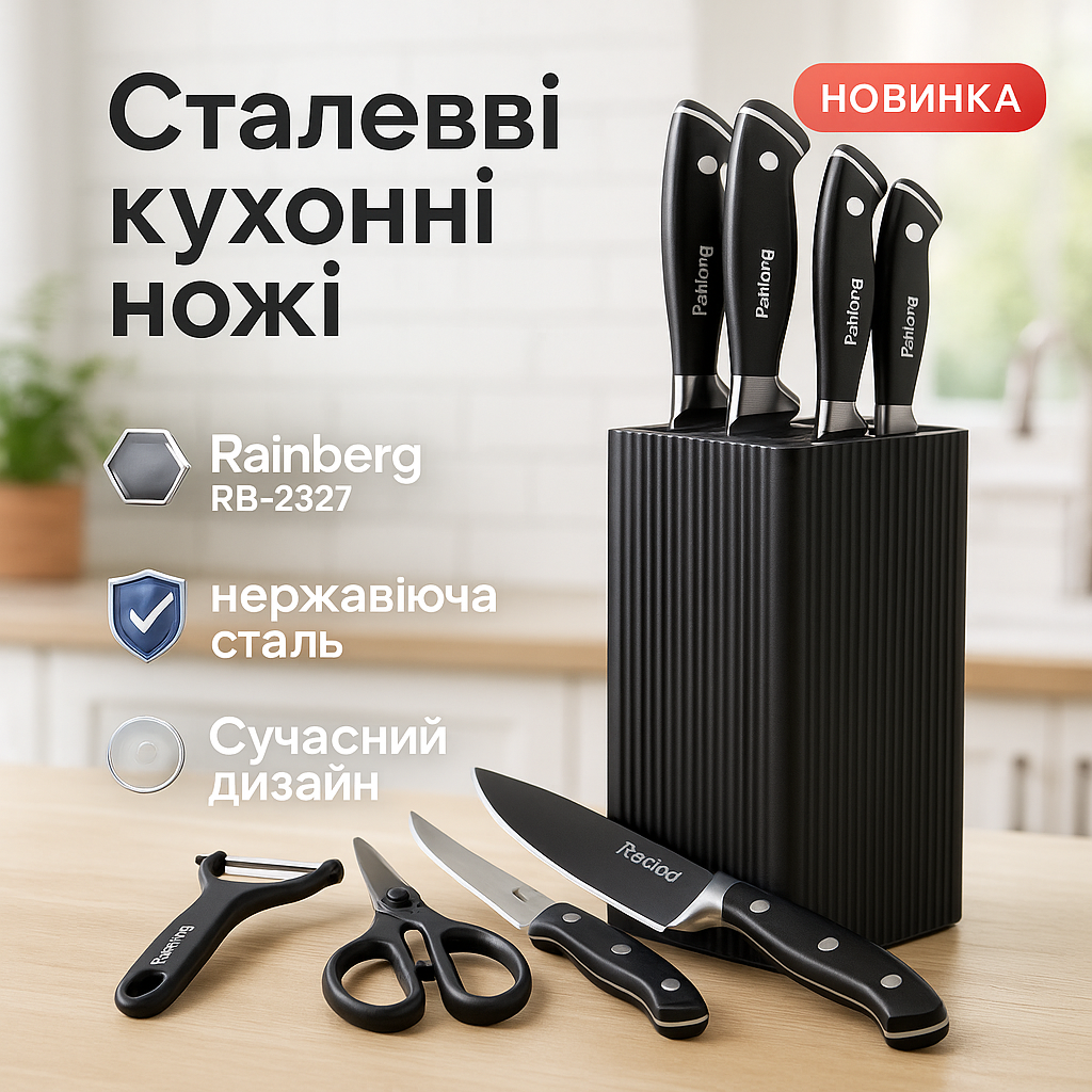 Набір ножів із нержавіючої сталі з основою Rainberg RB-2327 Black - Зображення 6