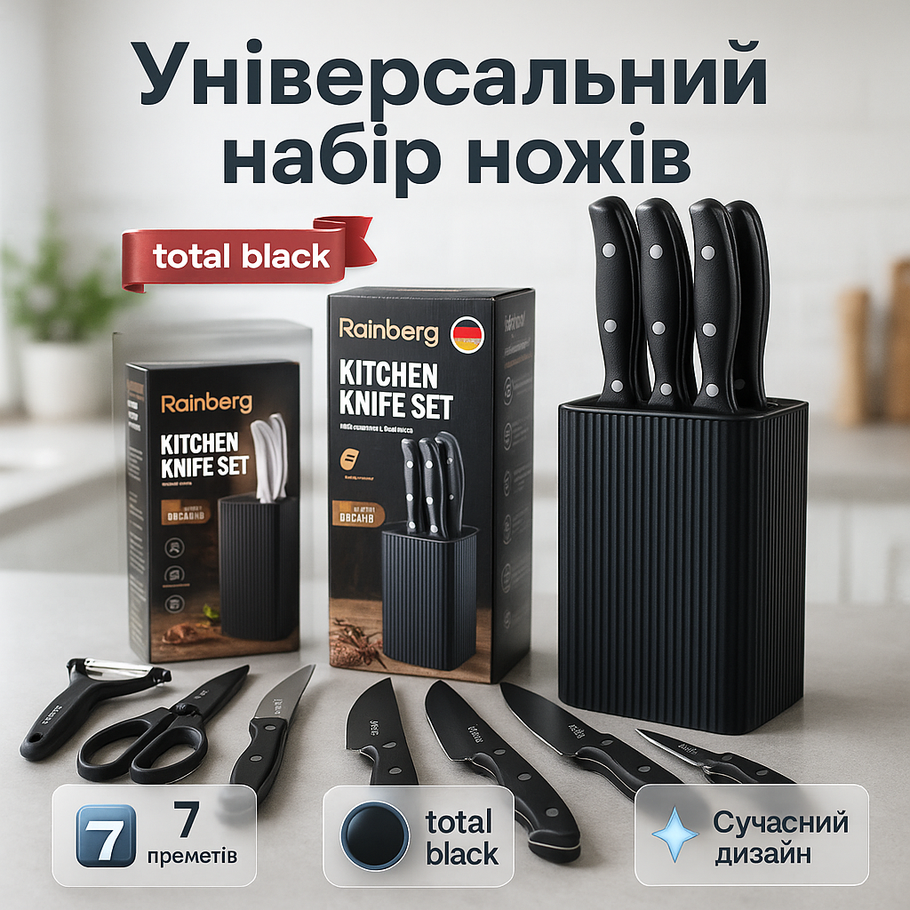 Набір ножів із нержавіючої сталі з основою Rainberg RB-2327 Black