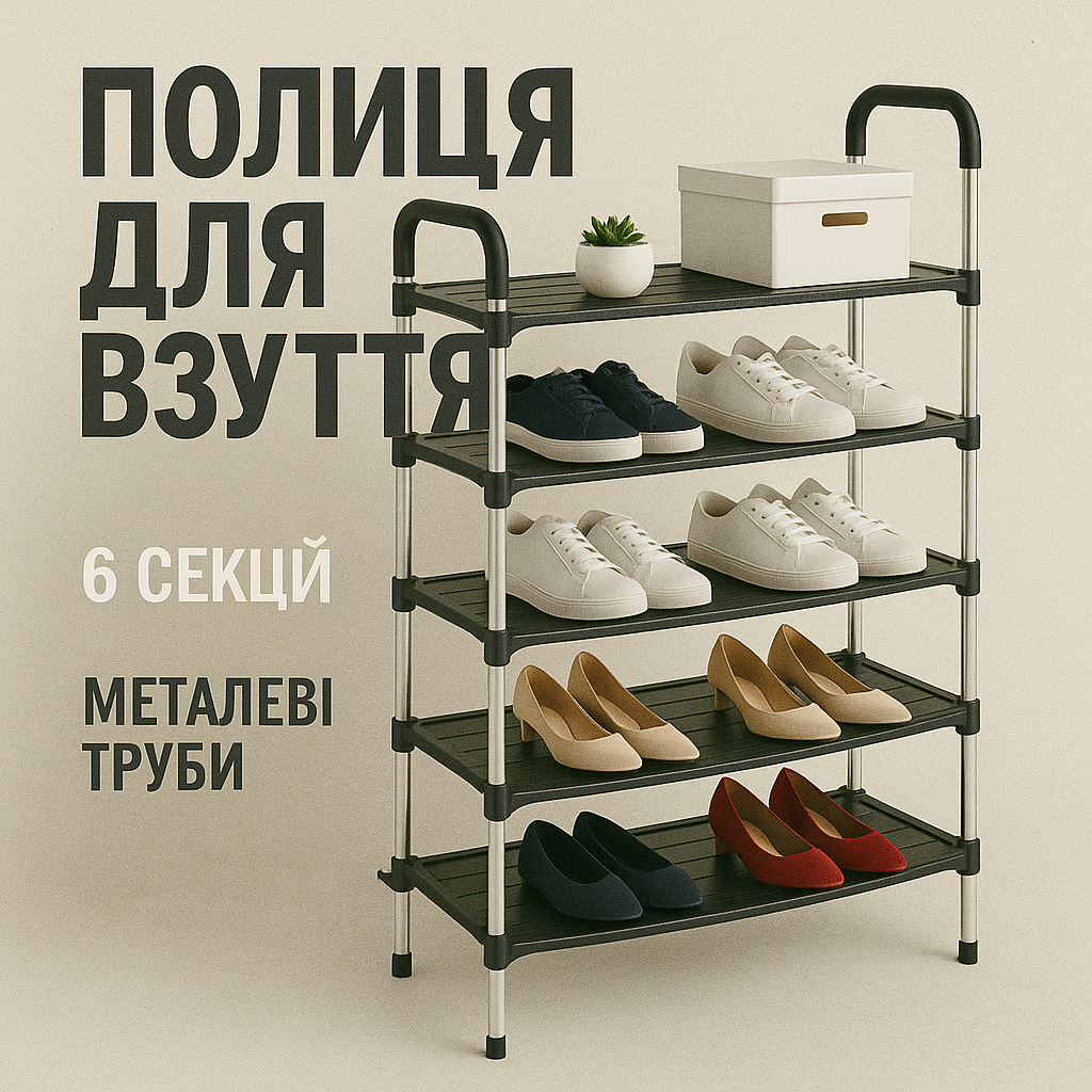 Полиця для взуття Shoe Rack 6 полиць Органайзер стійка 6 секцій 56х28х113см. Колір: чорний - Зображення 3