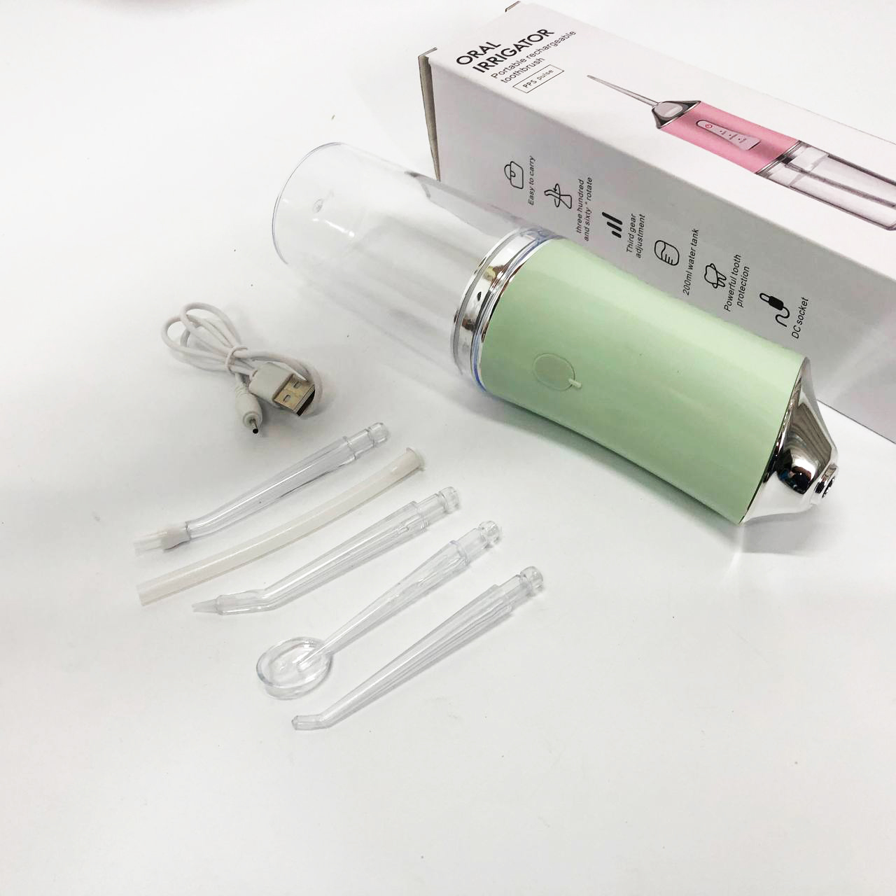 Іригатор для чищення зубів та порожнини рота Oral Irrigator з акумулятором та змінними насадками. Колір: зелений - Зображення 4