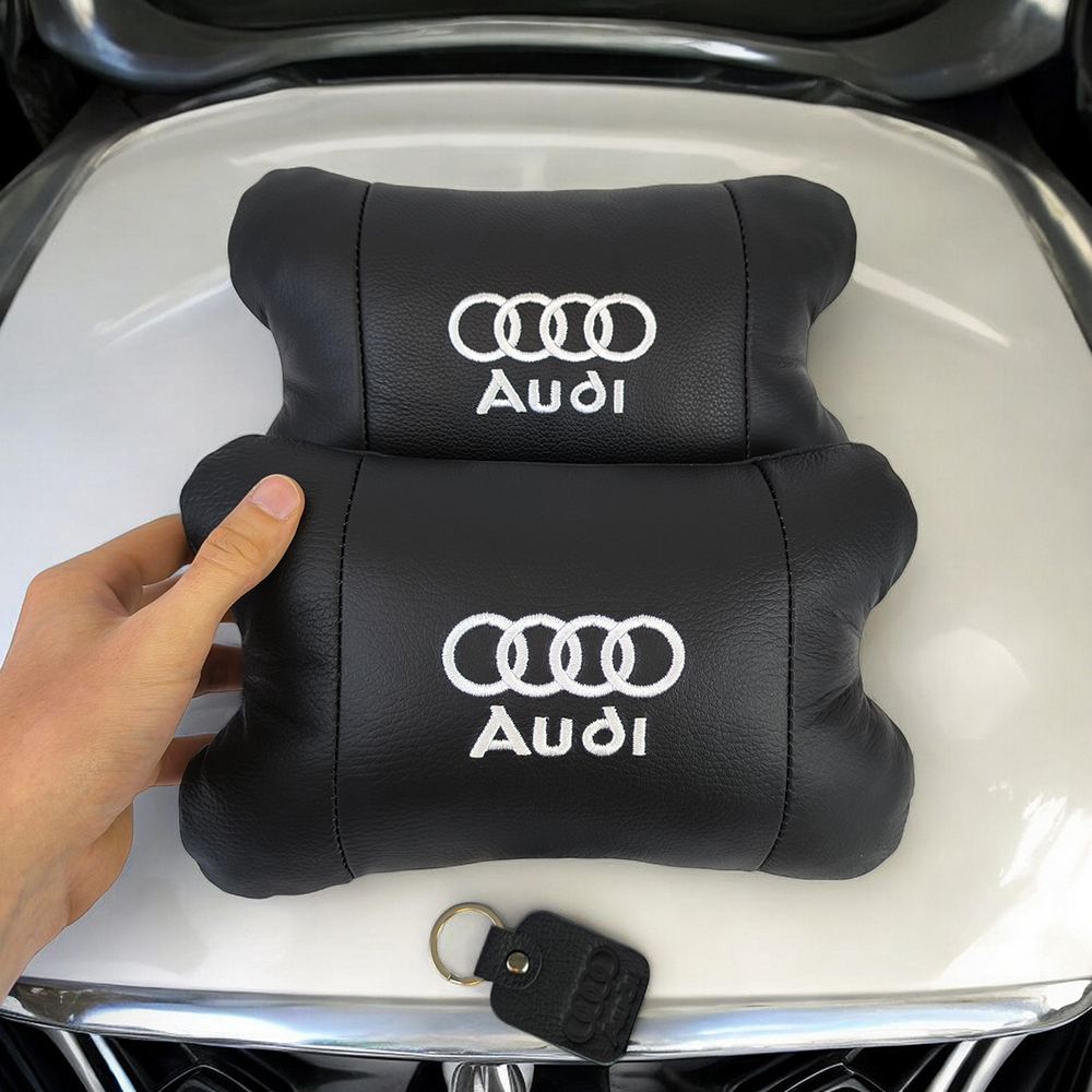 Набір автодушки 2шт на підголовник Audi / Ауді з натуральної шкіри чорна / Підголовник в машину - Зображення 3