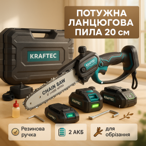 Акумуляторна ланцюгова міні пила 20 см у кейсі Krafftec (36V 4 Ач) + 2 акумулятори та індикатором заряду