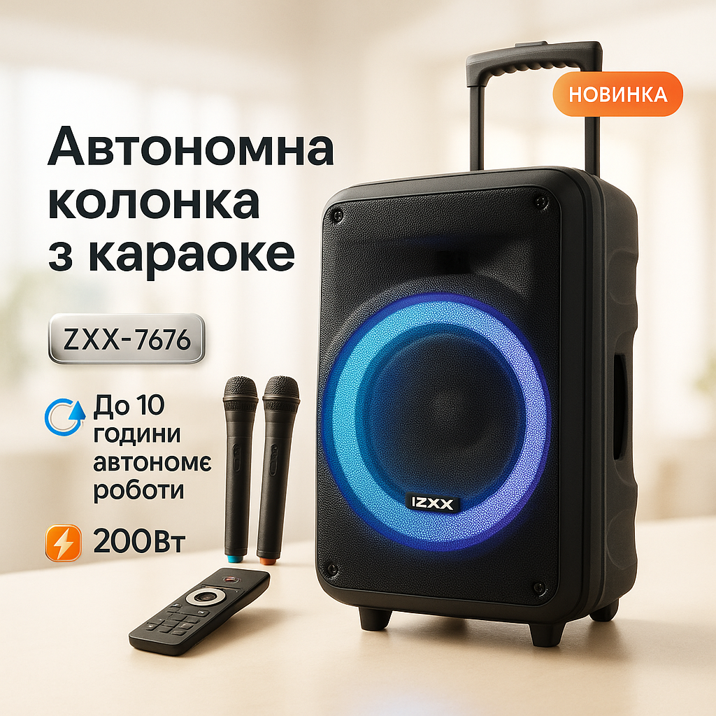 Акустична колонка з акумулятором ZXX-7676 200Вт портативна переносна колонка Bluetooth на колесах - Зображення 3