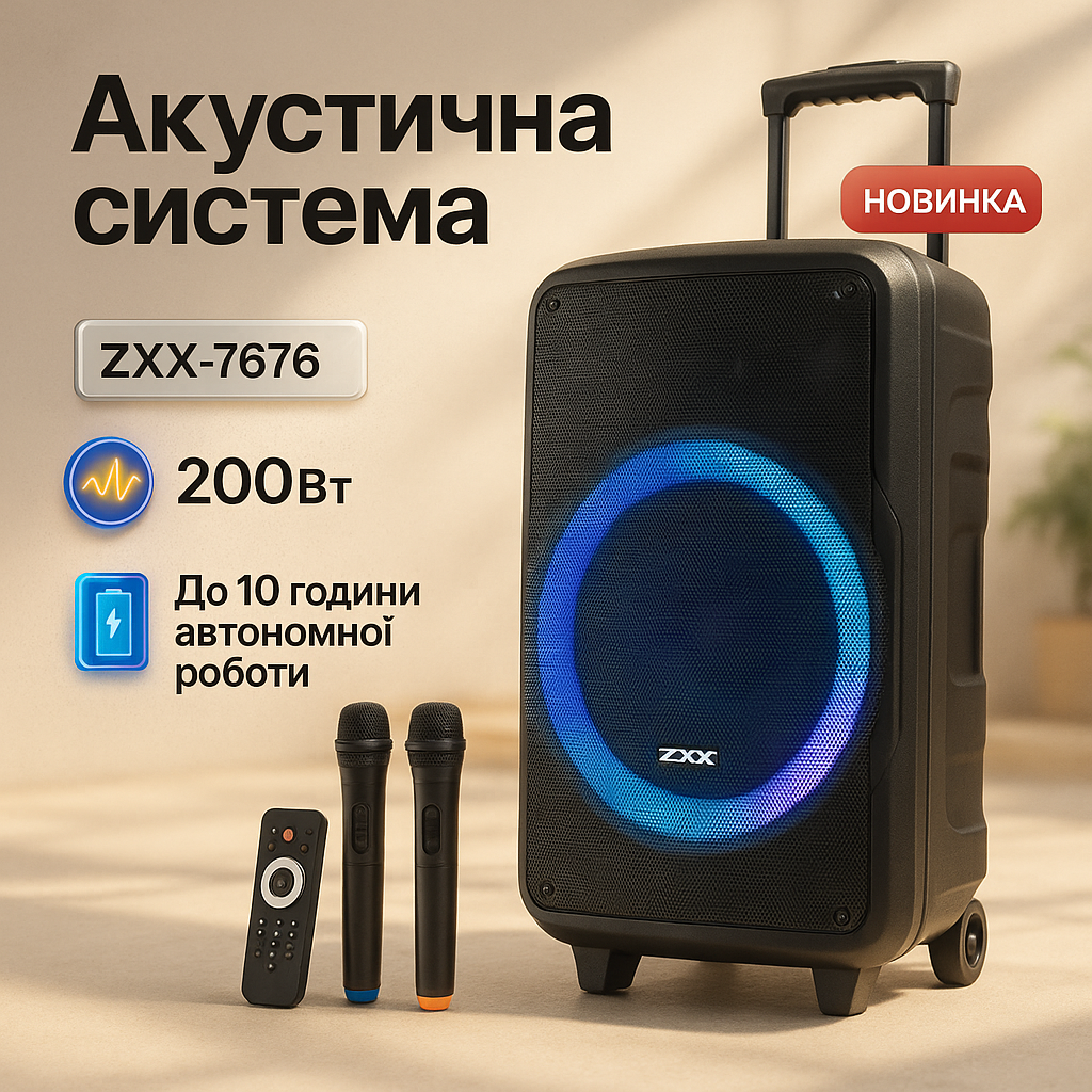 Акустична колонка з акумулятором ZXX-7676 200Вт портативна переносна колонка Bluetooth на колесах - Зображення 6