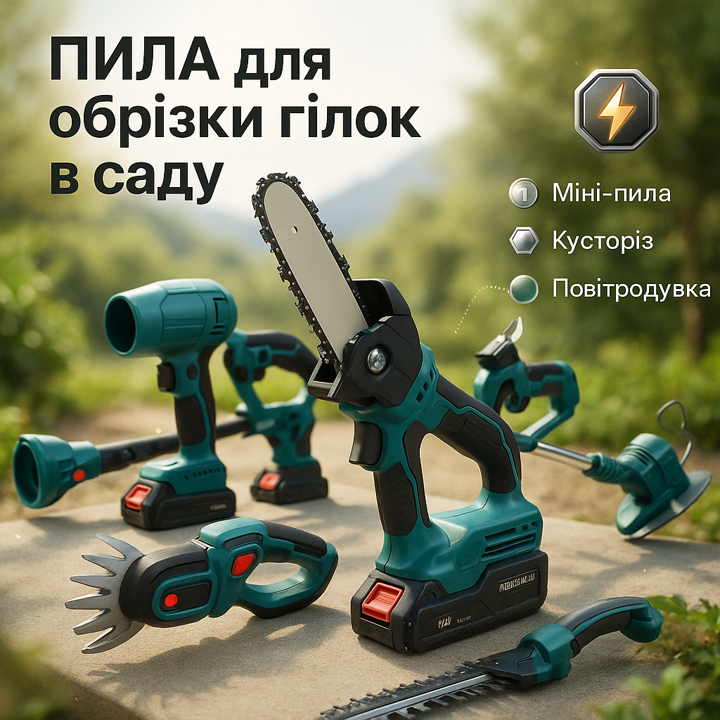 Акумуляторний універсальний садовий набір 6 в 1 Секатор Міні-пила Триммер Повітродувка Подовжувач Кущоріз - Зображення 5