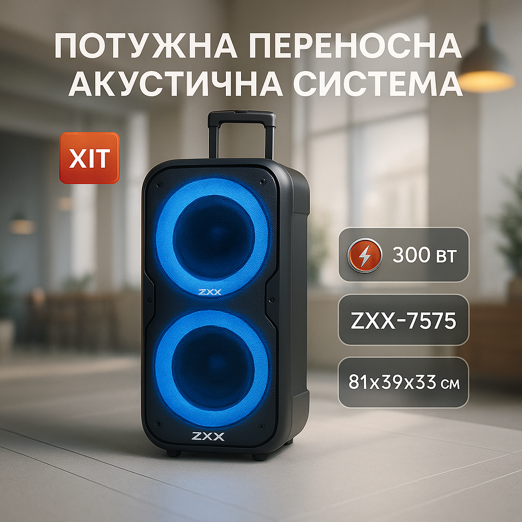 Акустична переносна колонка ZXX-7575 300 Вт акумуляторна з мікрофонами 80х39х33 см - Зображення 6