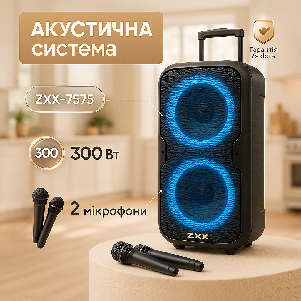 Акустична переносна колонка ZXX-7575 300 Вт акумуляторна з мікрофонами 80х39х33 см - Зображення 4