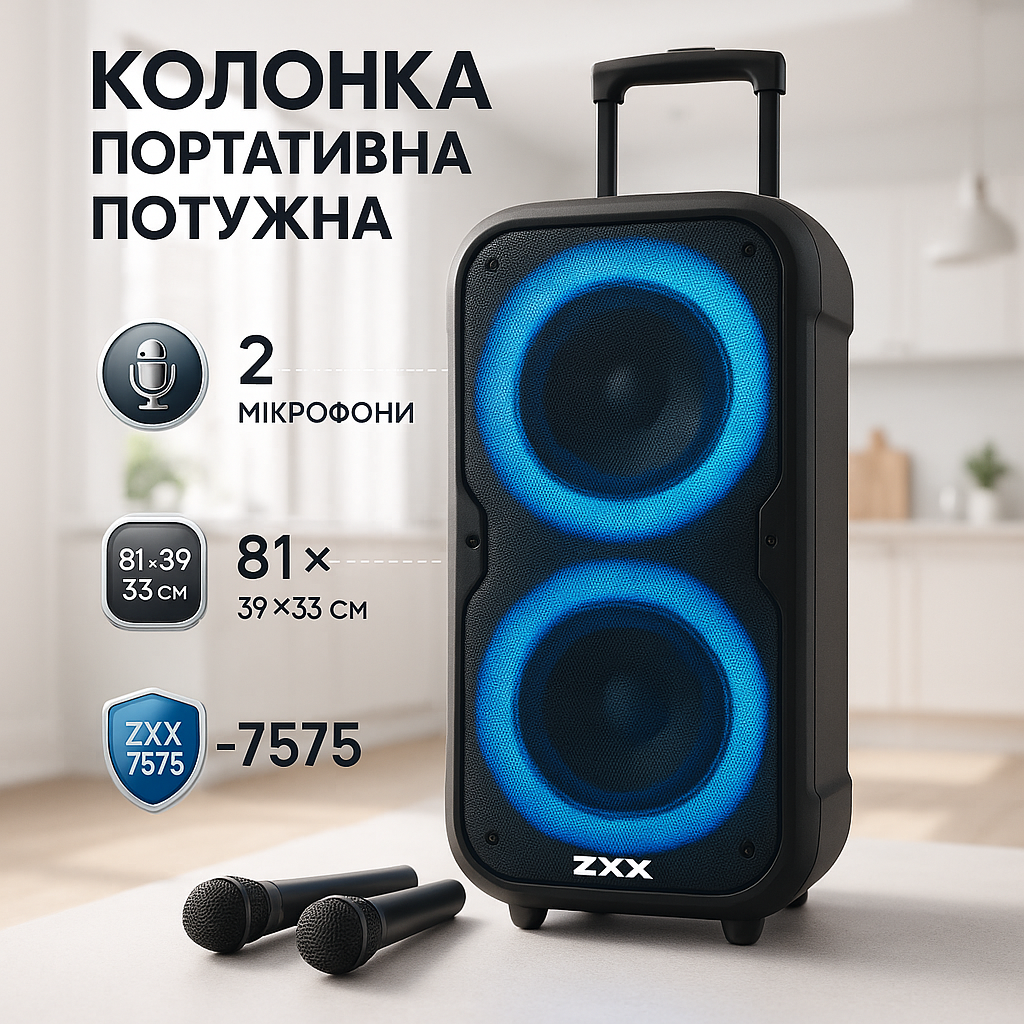 Акустична переносна колонка ZXX-7575 300 Вт акумуляторна з мікрофонами 80х39х33 см - Зображення 3