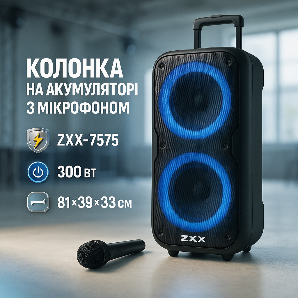 Акустична переносна колонка ZXX-7575 300 Вт акумуляторна з мікрофонами 80х39х33 см