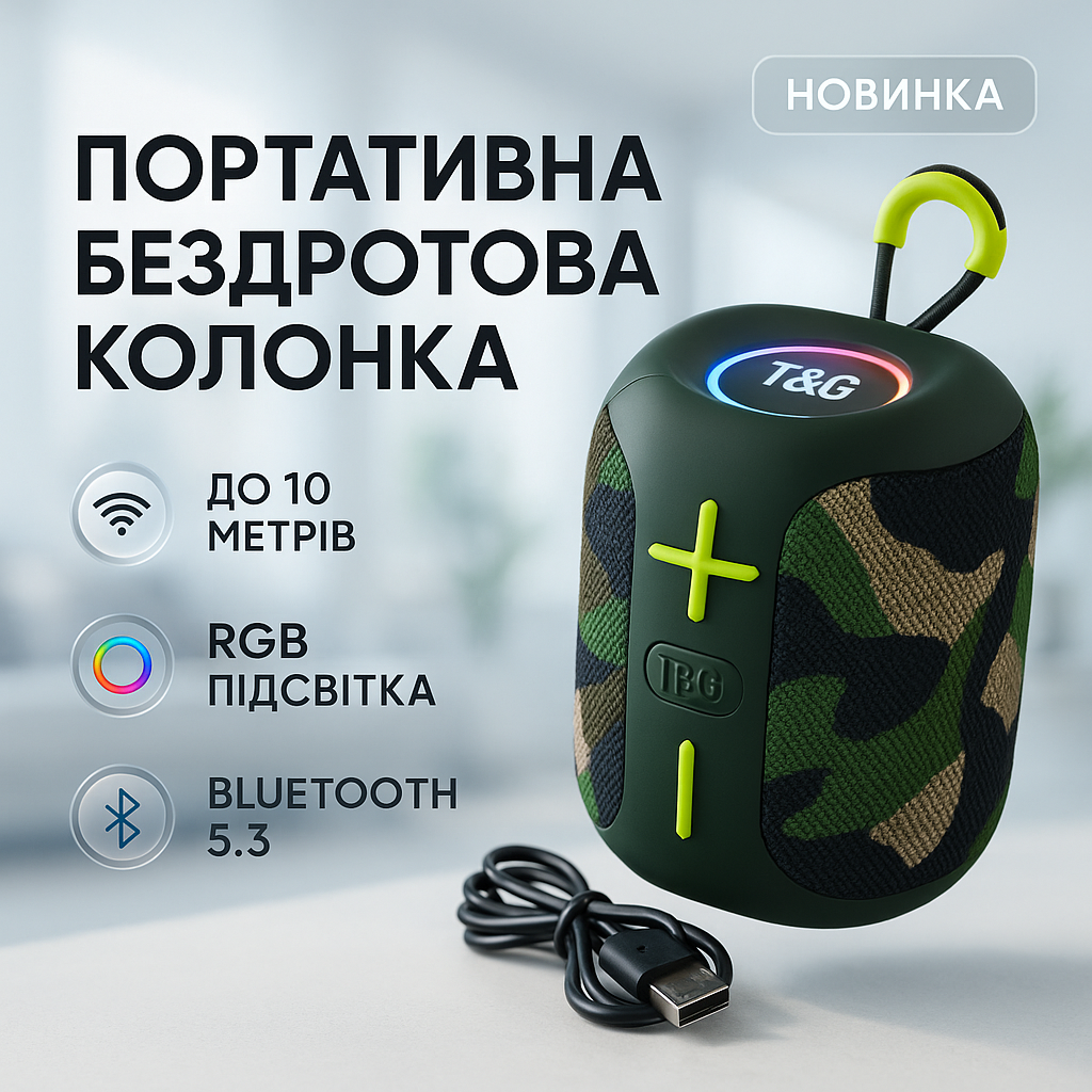 Портативна Bluetooth колонка TG658 8W з RGB підсвічуванням, Гучна блютуз колонка. Колір: камуфляж - Зображення 3