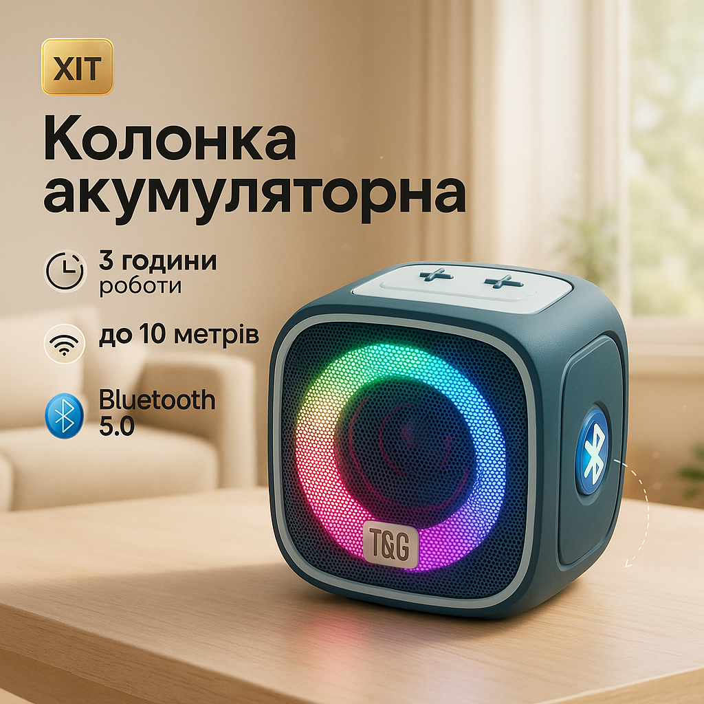 Портативна Bluetooth колонка TG359 7W з підсвічуванням RGB, акумуляторна колонка для музики. Колір: синій - Зображення 5
