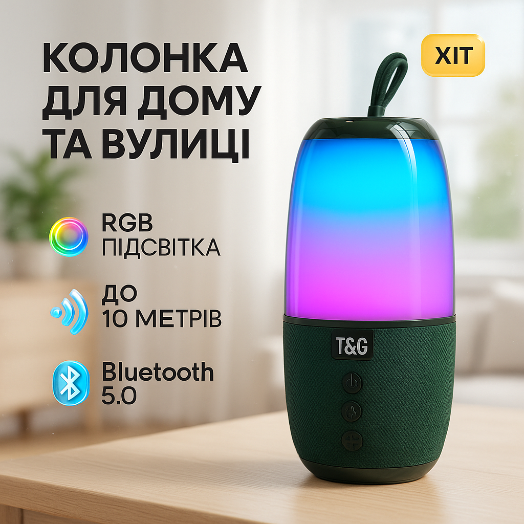 Портативна колонка TG644 5W з RGB підсвічуванням та ремінцем, Бездротова колонка потужна. Колір: зелений - Зображення 3