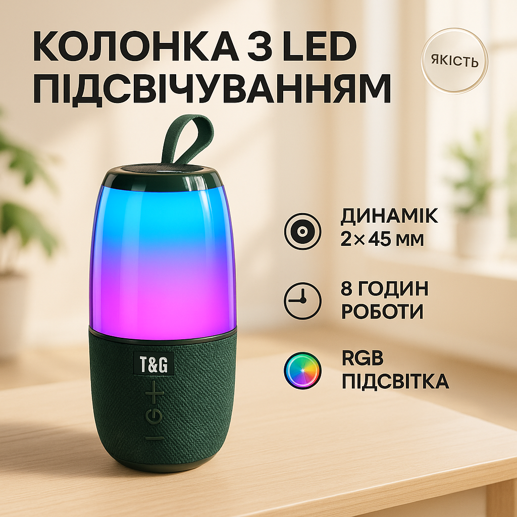 Портативна колонка TG644 5W з RGB підсвічуванням та ремінцем, Бездротова колонка потужна. Колір: зелений - Зображення 5