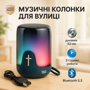 Акумуляторна переносна колонка TG652 5W з RGB підсвічуванням та ремінцем, блютуз колонка. Колір: синій
