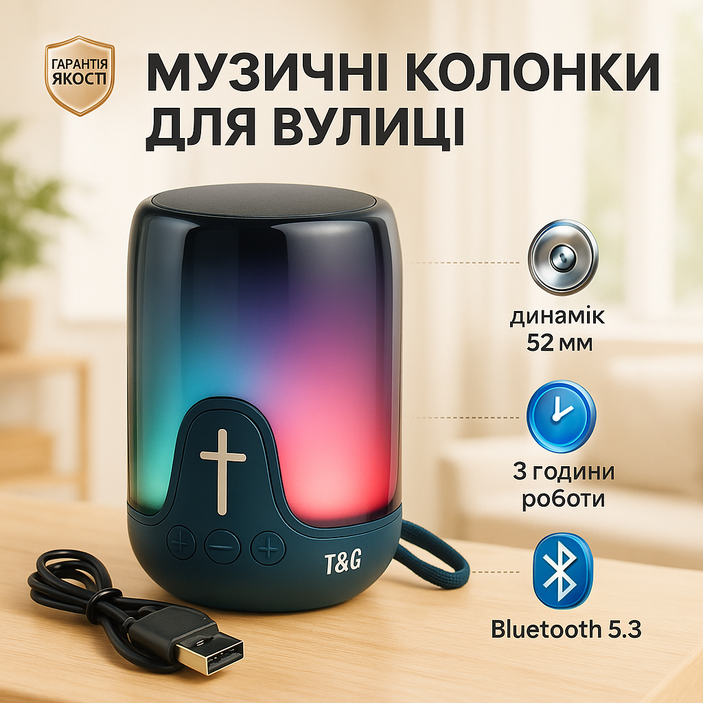Акумуляторна переносна колонка TG652 5W з RGB підсвічуванням та ремінцем, блютуз колонка. Колір: синій