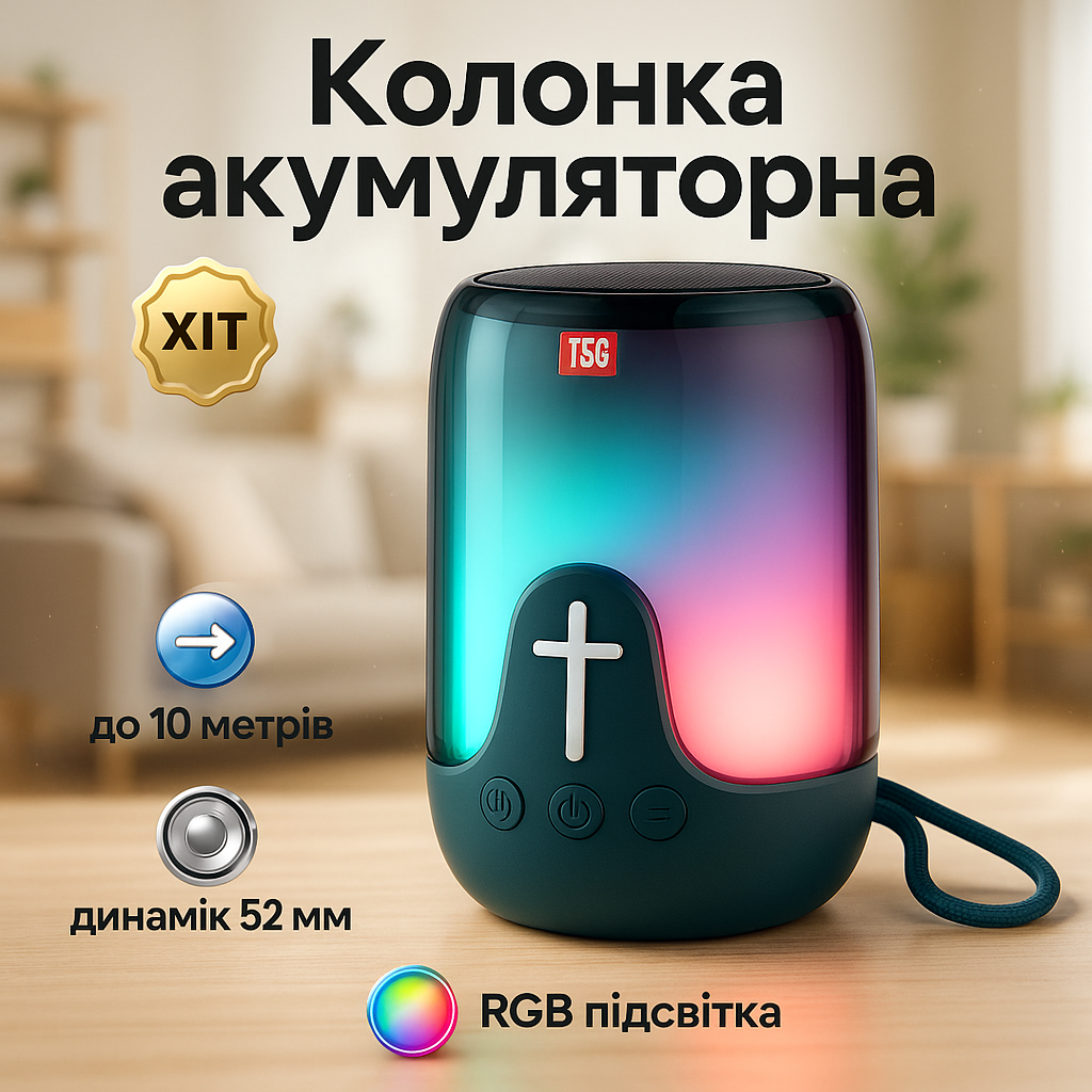 Акумуляторна переносна колонка TG652 5W з RGB підсвічуванням та ремінцем, блютуз колонка. Колір: синій - Зображення 4