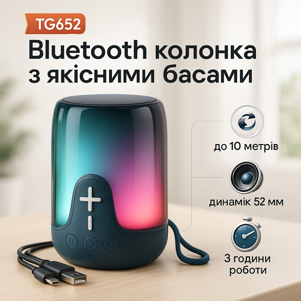 Акумуляторна переносна колонка TG652 5W з RGB підсвічуванням та ремінцем, блютуз колонка. Колір: синій - Зображення 5