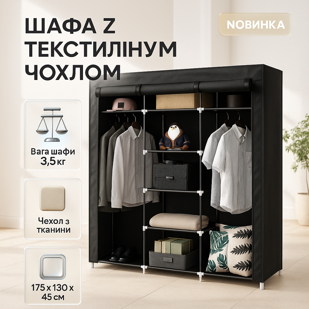 Шафа тканинна 3 секції складана з каркасом STORAGE WARDROBE 175 х 130 х 45 см. Колір: чорний - Зображення 5