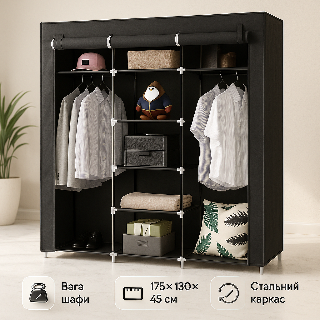Шафа тканинна 3 секції складана з каркасом STORAGE WARDROBE 175 х 130 х 45 см. Колір: чорний - Зображення 4