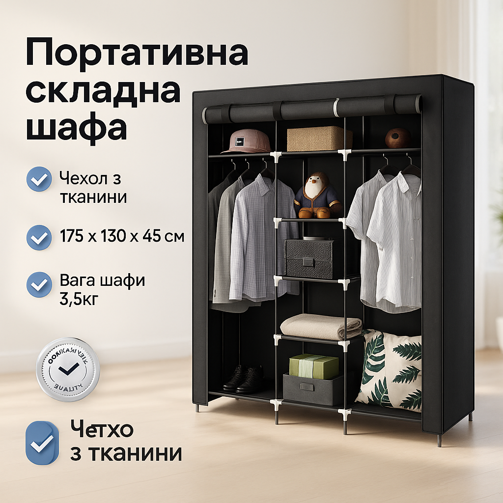 Шафа тканинна 3 секції складана з каркасом STORAGE WARDROBE 175 х 130 х 45 см. Колір: чорний - Зображення 3