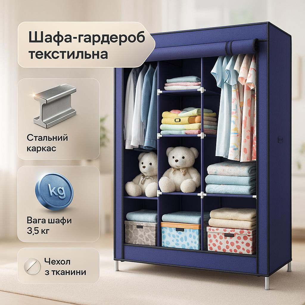 Шафа тканинна 3 секції складана з каркасом STORAGE WARDROBE 175 х 130 х 45 см Каркасна. Колір: синій - Зображення 6