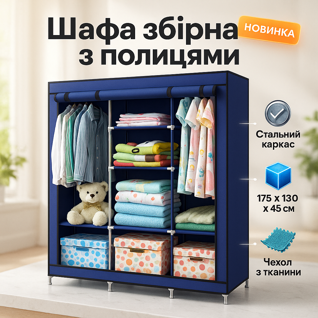 Шафа тканинна 3 секції складана з каркасом STORAGE WARDROBE 175 х 130 х 45 см Каркасна. Колір: синій